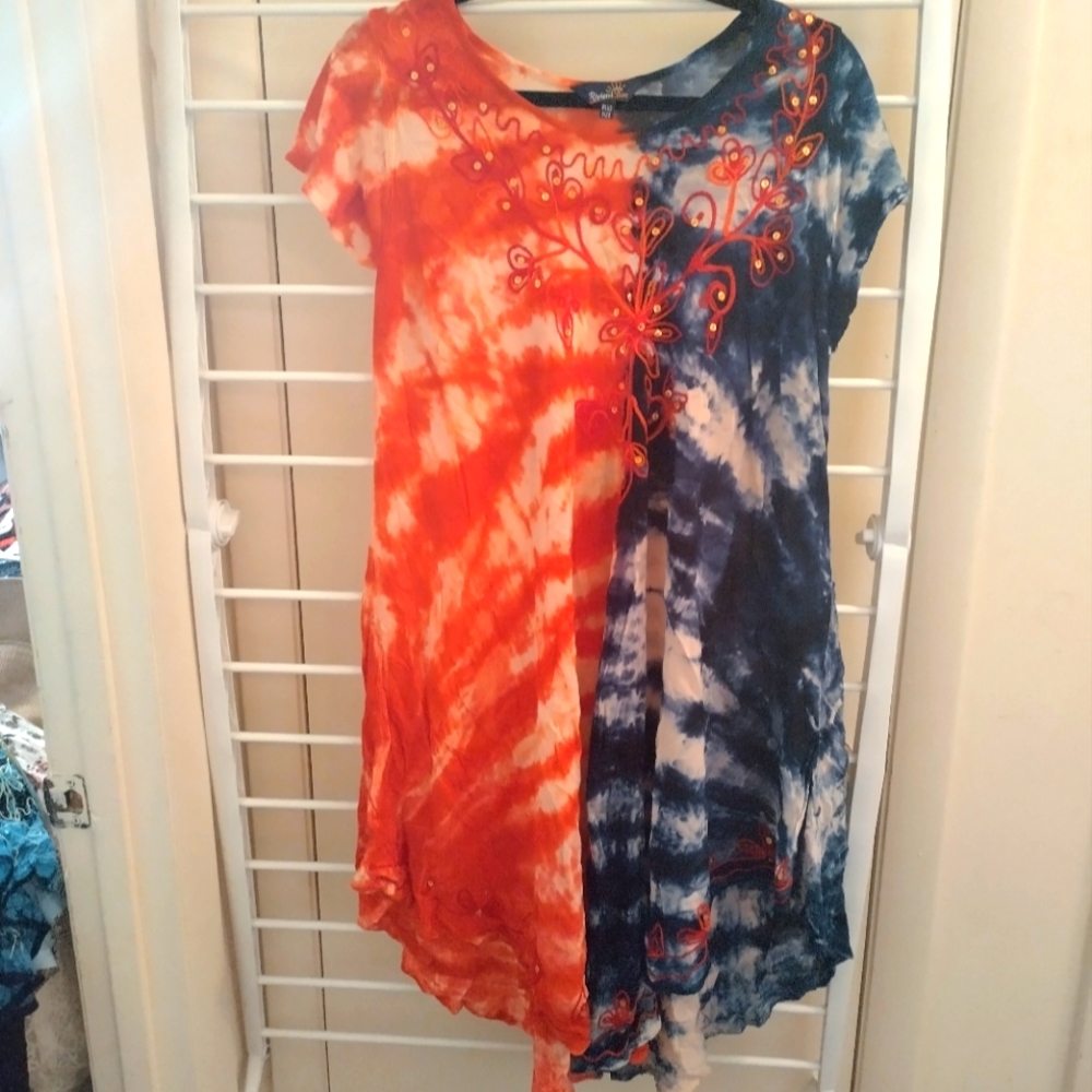 Embroidered and tie-dyed dress in red white and blue!
